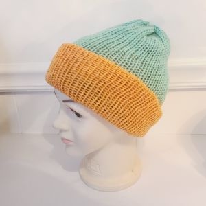 Kids mint green and orange double knit hat